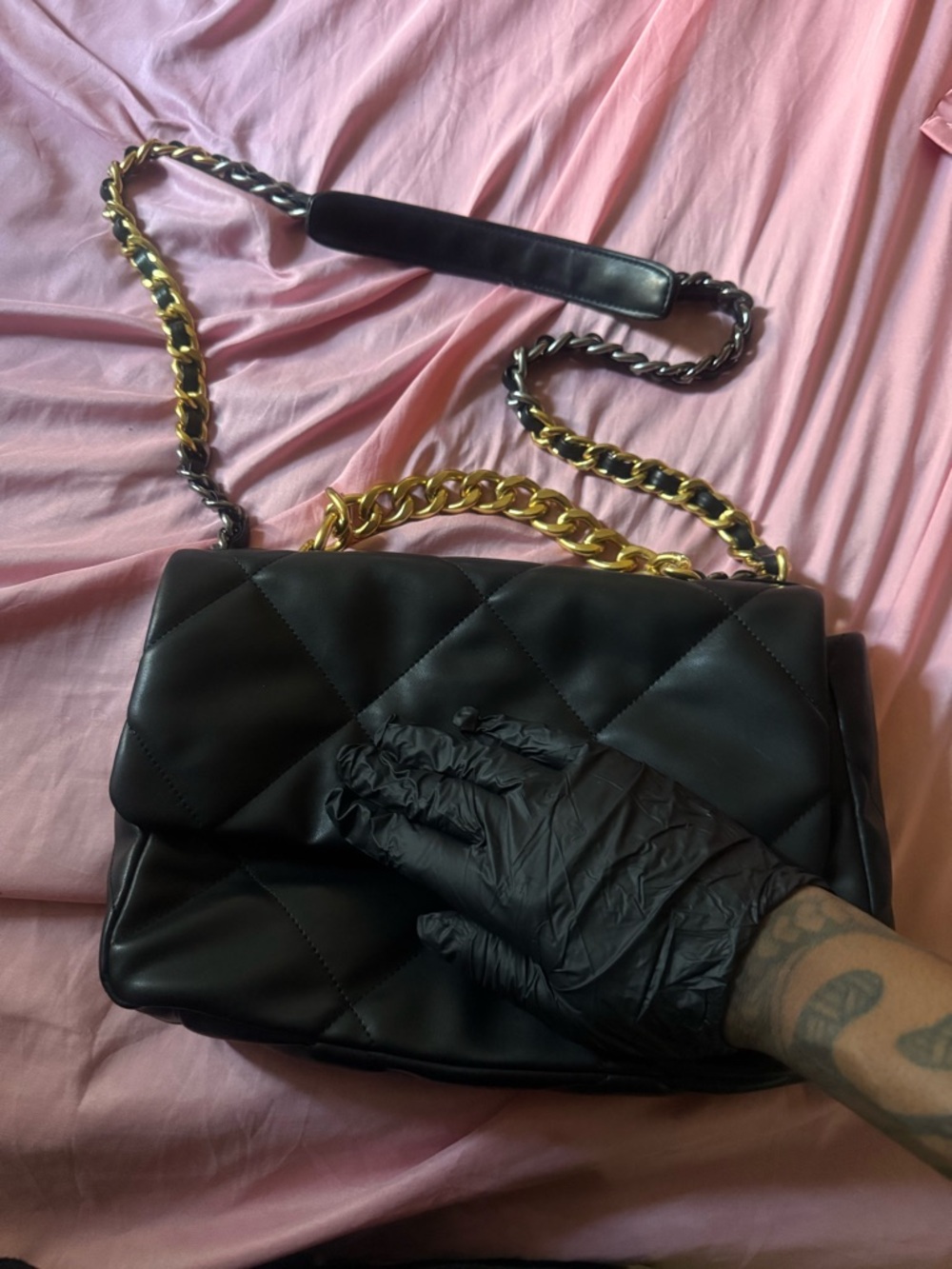 EGO Black Quilted Shoulder Bag with Gold-Accent Chain